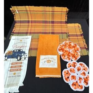 Vintage Fall Halloween Kitchen Towels Placemats & Handmade Hot Pad Mat